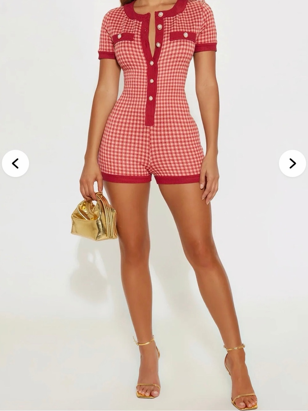Fashion Nova Red Gingham Short Sleeve Knit Romper